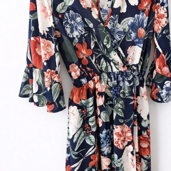 Floral Flounce Sleeve Boho Chic Maxi Faux Wrap Dress Cottagecore Coastal Small - Picture 6 of 11